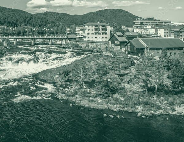 Aerial view over Kongsberg and its waterfall